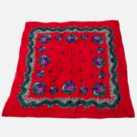 Vintage Glentex Scarf Red Purple Floral Square Made in Japan 30" x 30" - Picture 3 of 4